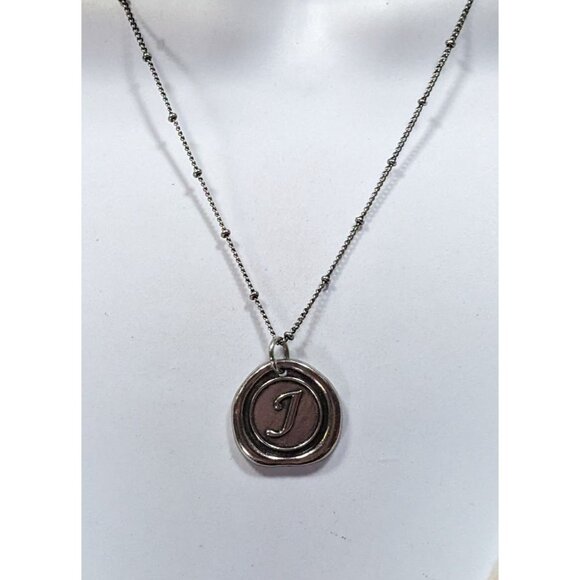 Rustic Letter J Wax Seal Style Silver Tone Pendant Necklace - Picture 4 of 5